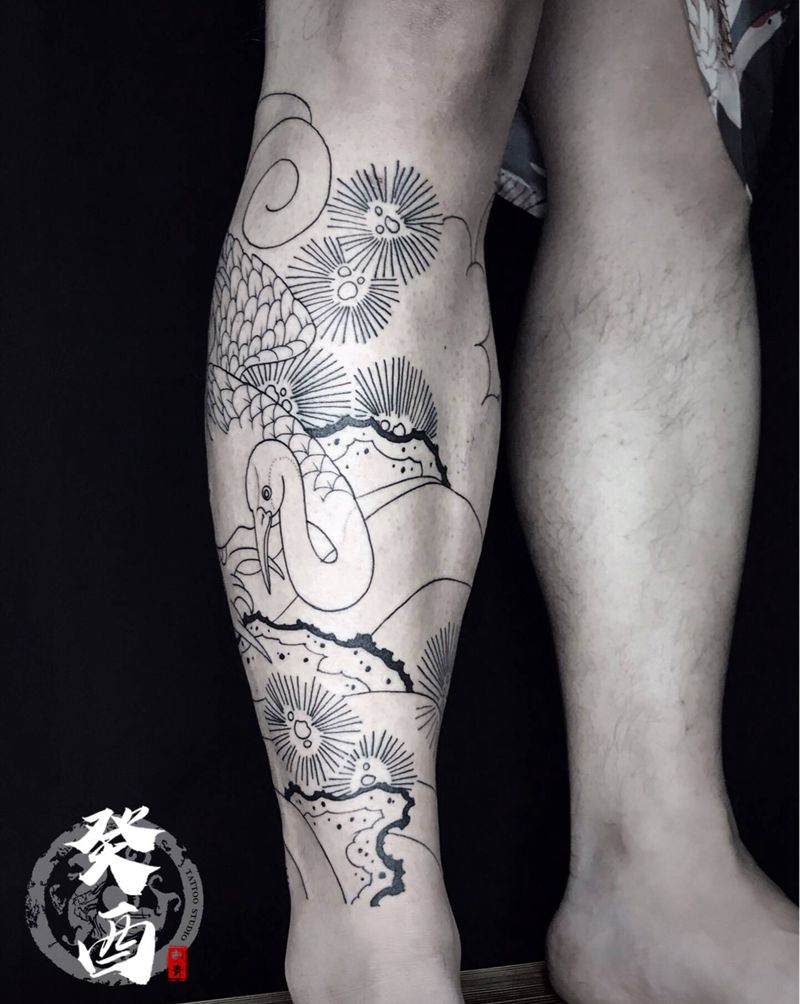 线条（未完待续）纹身图片_腿部老传统纹身图案