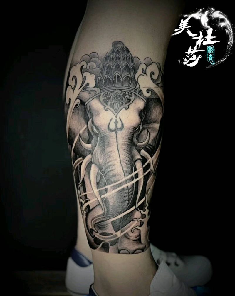 象神 大蓬作品纹身图片_腿部纹身图案