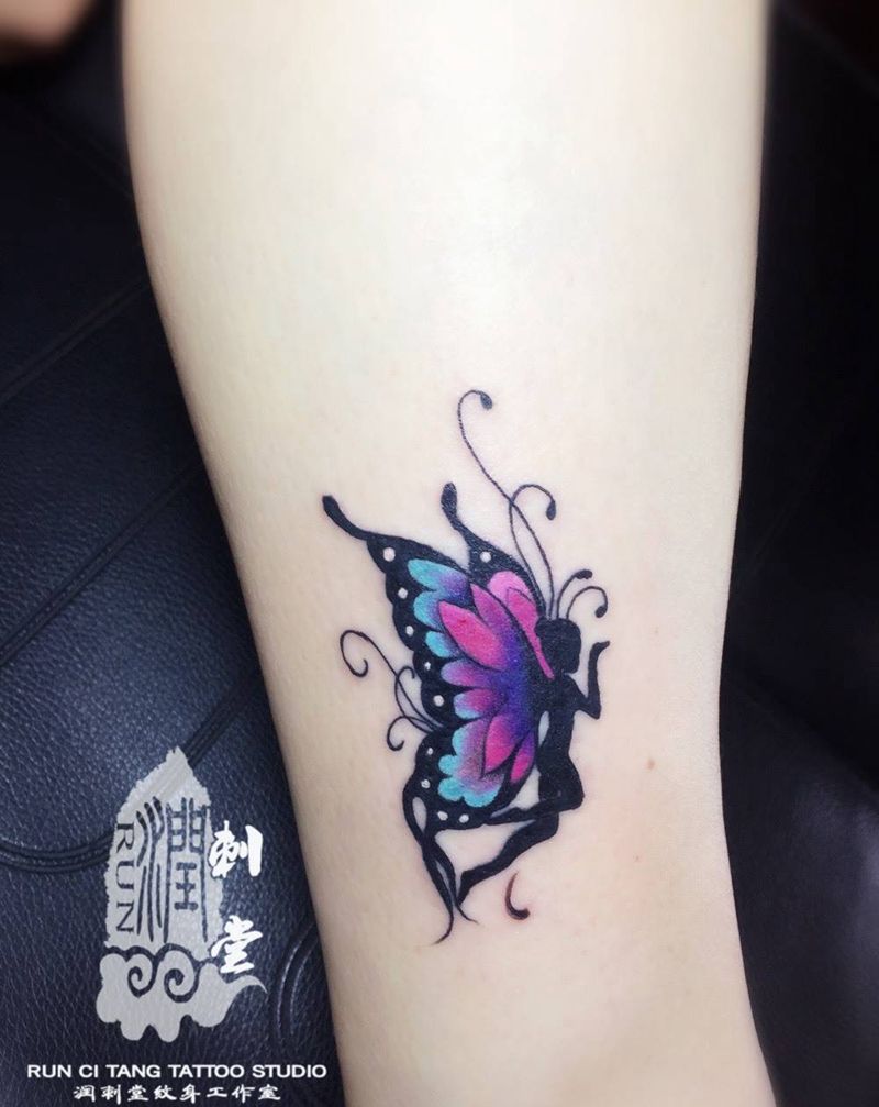 蝴蝶仙子纹身图片_成品腿部清新欧美动物鬼神人物原创纹身图案