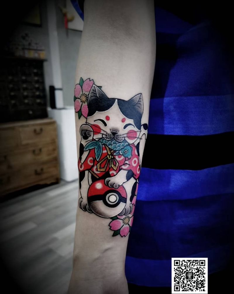 招财猫纹身图片_手臂纹身图案