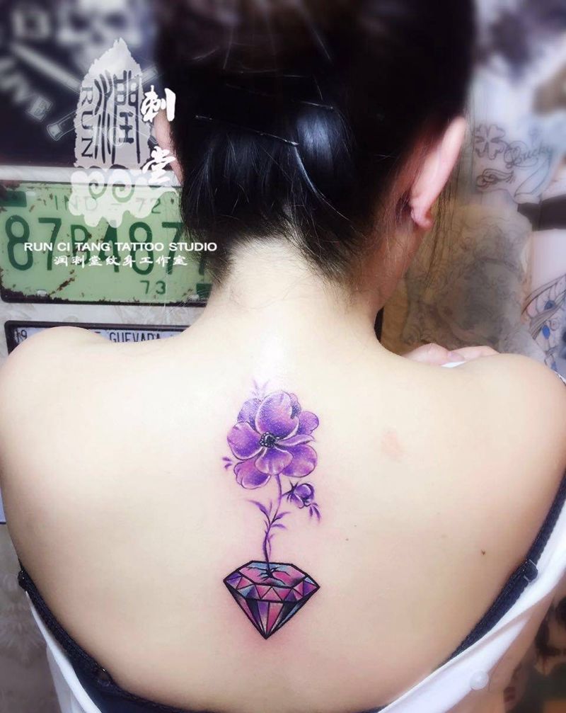 润刺青出品#钻石花#纹身图片_成品颈部肩部清新植物纹身图案