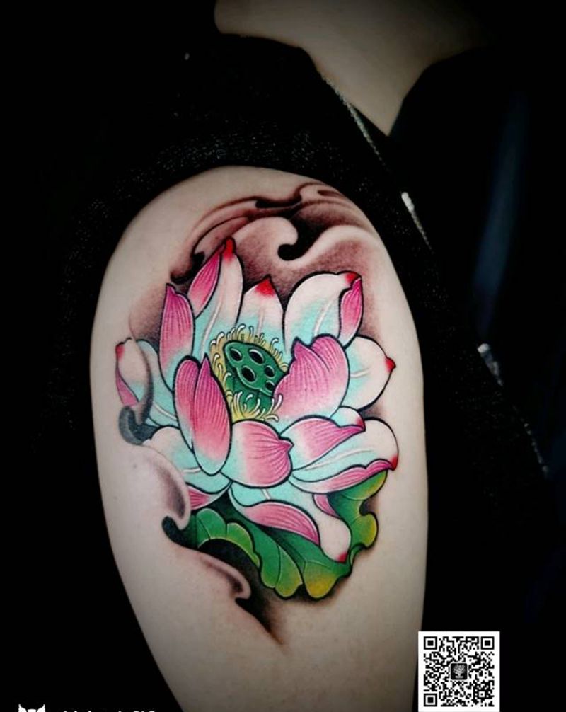 莲花纹身图片_手臂新传统纹身图案