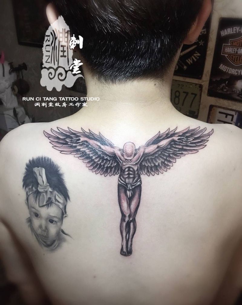 展翼天使纹身图片_成品背部欧美人物宗教鬼神纹身图案