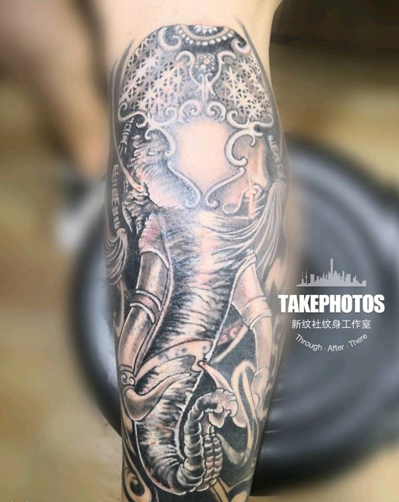 象神遮盖纹身图片_腿部老传统新传统纹身图案
