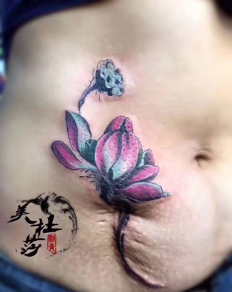 疤痕莲花遮盖。纹身图片_成品腹部传统植物纹身图案