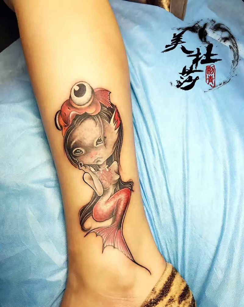 美人鱼纹身图片_成品腿部清新动物人物纹身图案
