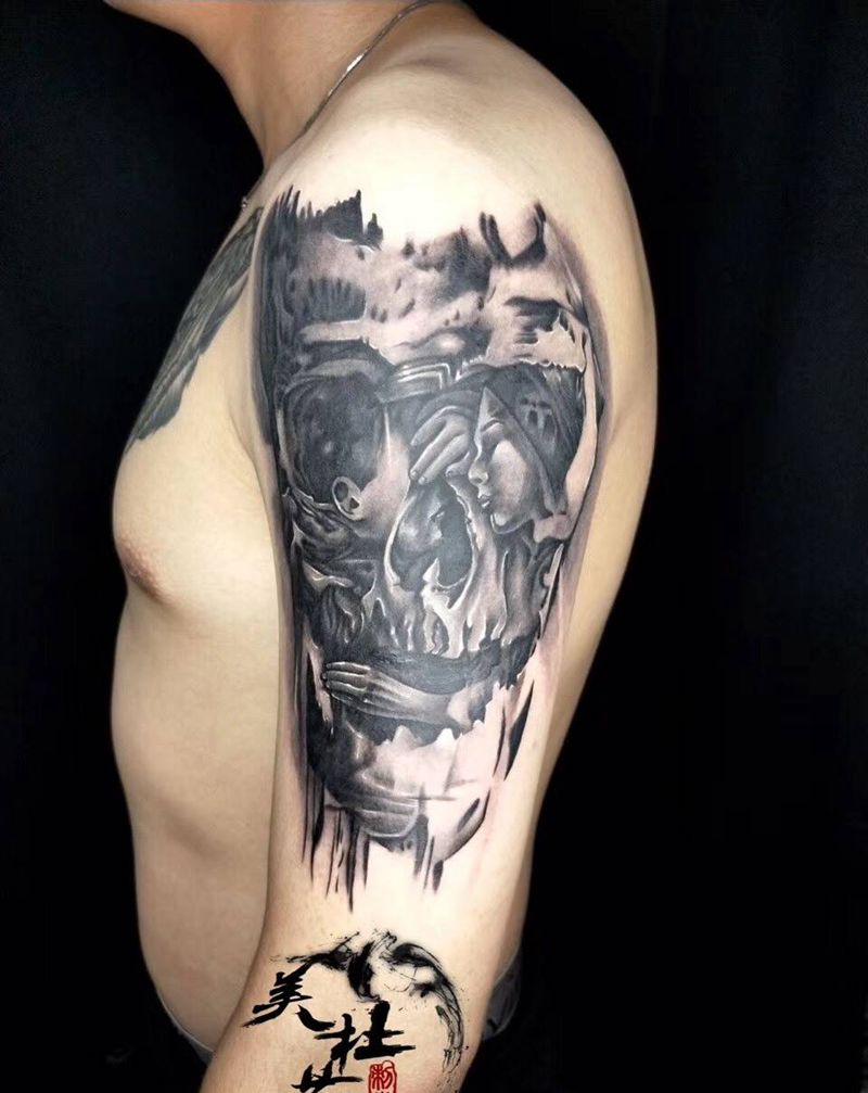 骷髅。纹身图片_成品手臂欧美人物纹身图案