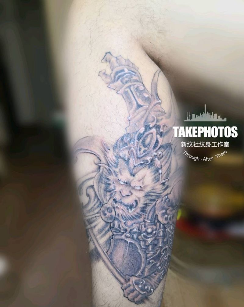 小腿悟空纹身图片_腿部新传统纹身图案