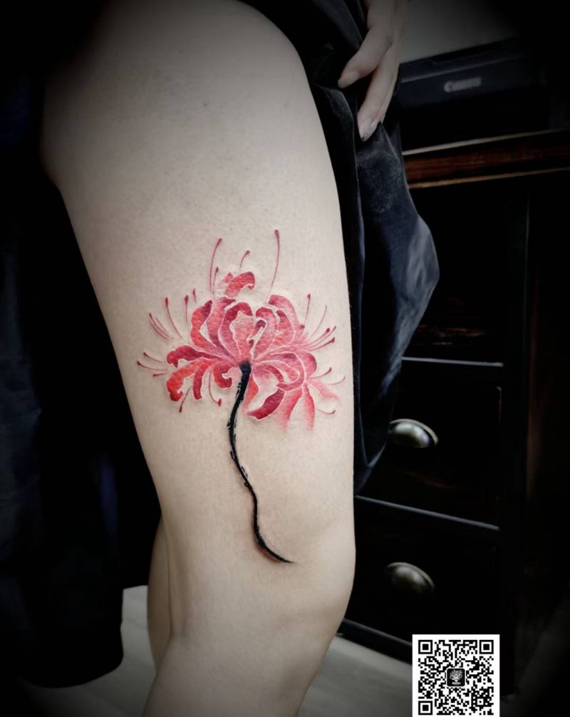 彼岸花遮盖伤疤纹身图片_腿部纹身图案