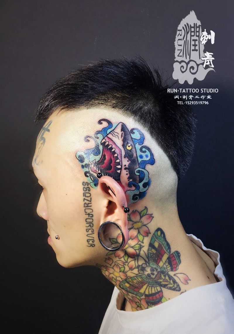 润刺青出品#鲨鱼#纹身图片_成品颈部欧美动物纹身图案