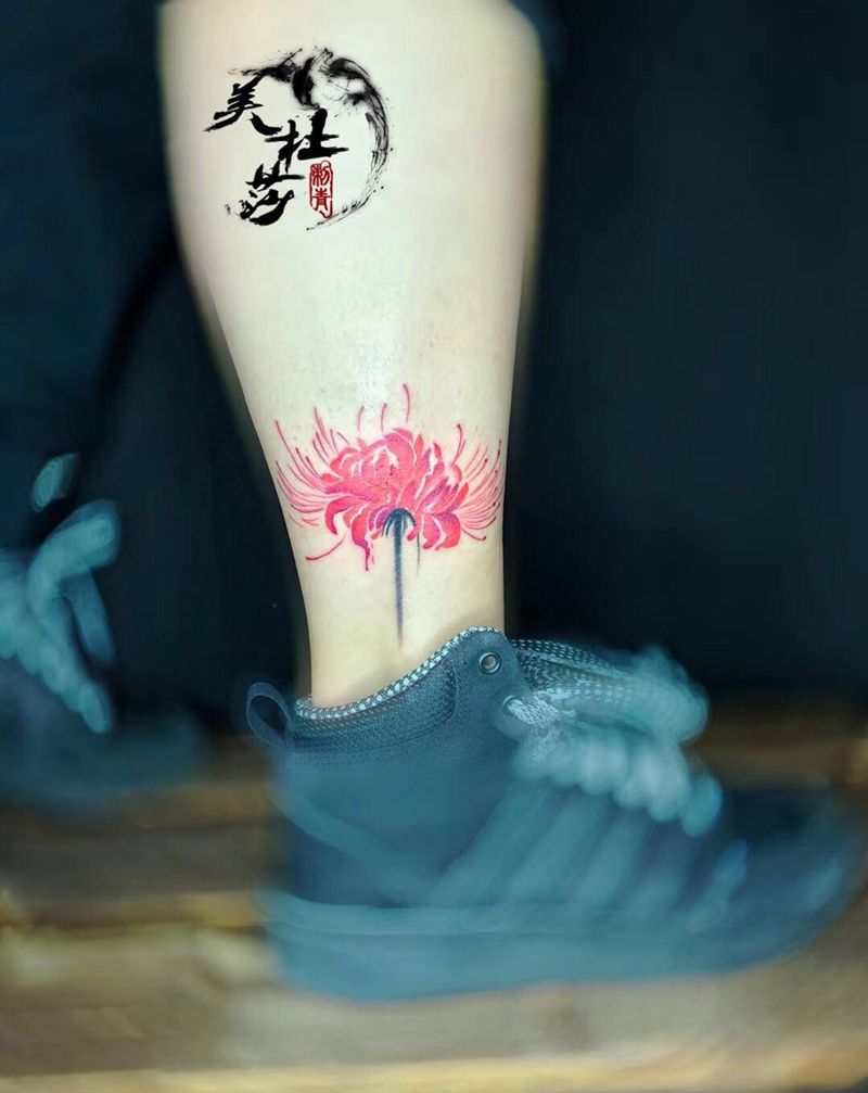 彼岸花纹身图片_成品腿部植物传统清新纹身图案