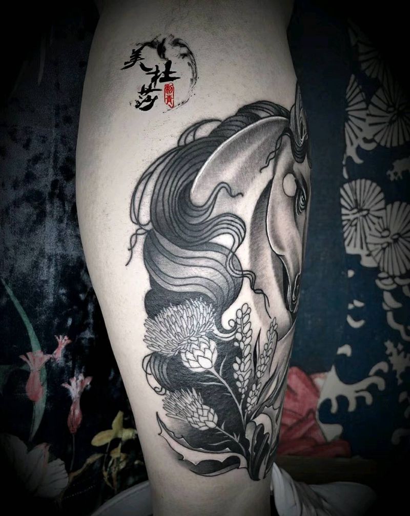 独角兽纹身图片_腿部欧美动物成品纹身图案