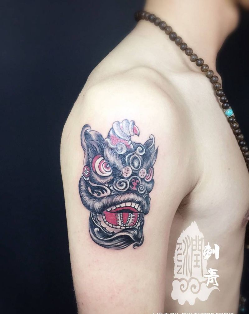唐狮纹身图片_成品手臂传统动物宗教纹身图案
