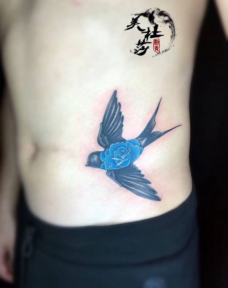 燕子。纹身图片_成品腹部欧美动物原创纹身图案