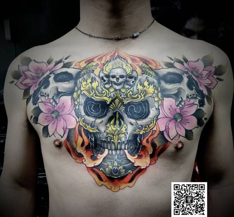 嘎巴拉纹身图片_胸部新传统纹身图案