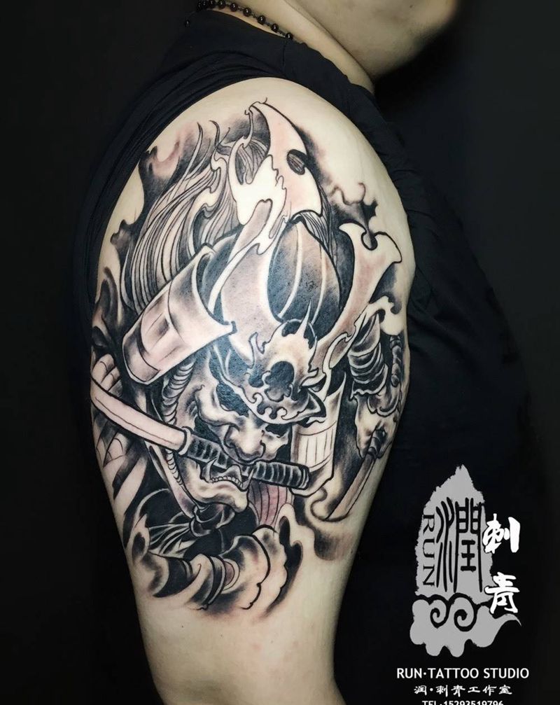 鬼武士纹身图片_成品手臂手部传统人物鬼神宗教纹身图案