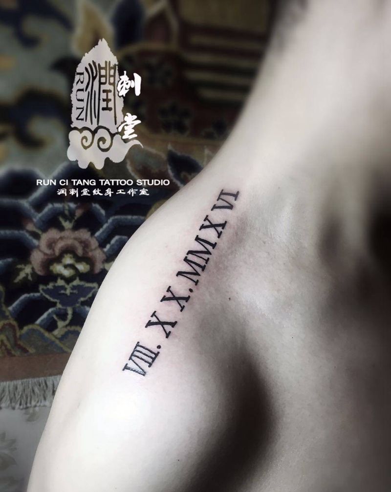润刺青出品#罗马数字日期#纹身图片_成品颈部肩部欧美字符几何纹身图案