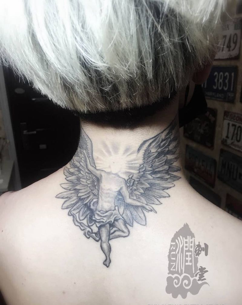 恢复半年的效果，买家秀纹身图片_成品颈部背部肩部欧美鬼神字符人物宗教纹身图案