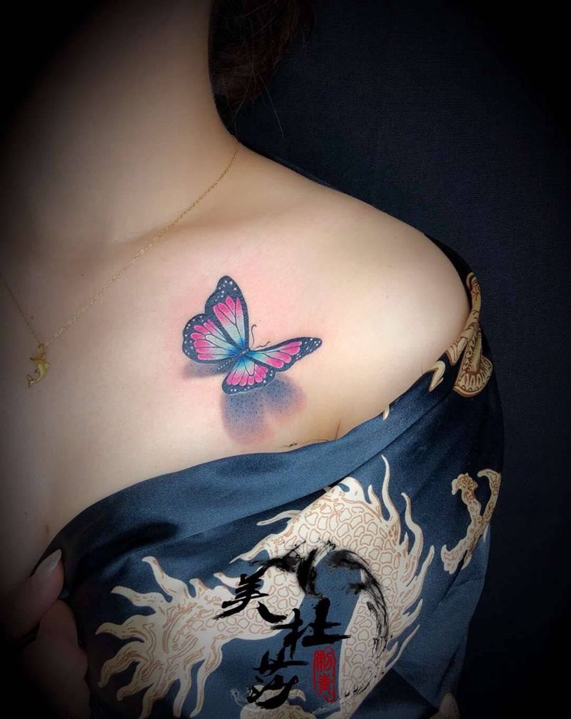 蝴蝶纹身图片_成品颈部胸部写实动物清新纹身图案