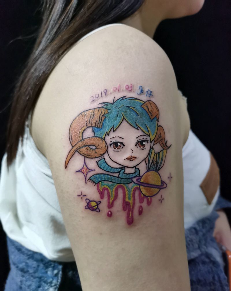 星座纹身图片_手臂水彩摩羯座纹身图案