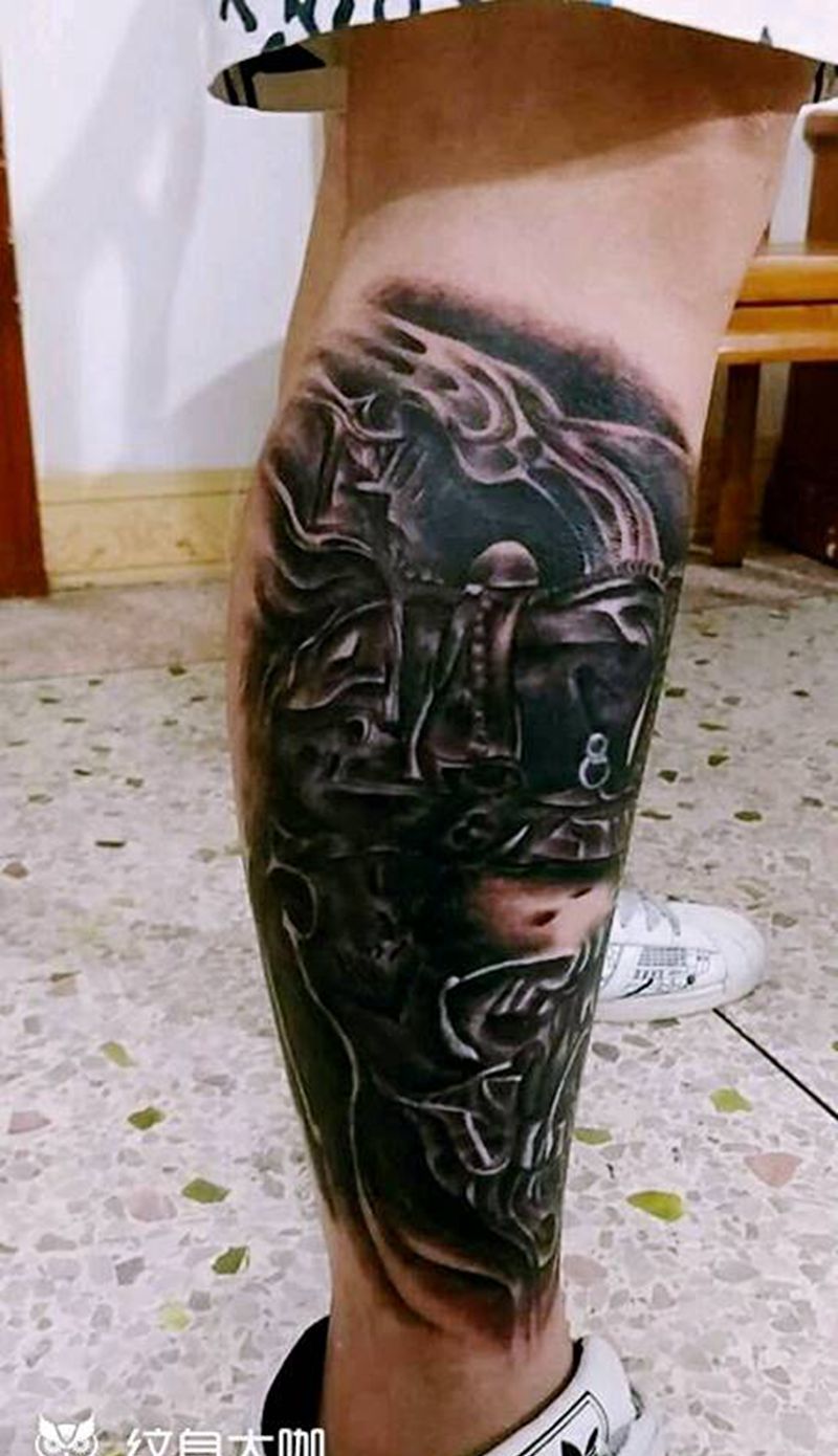 小腿欧美骷髅纹身图片_腿部脚部欧美写实人物鬼神纹身图案