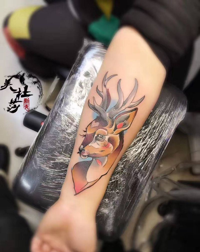 小鹿呀！！！纹身图片_成品手臂清新动物纹身图案