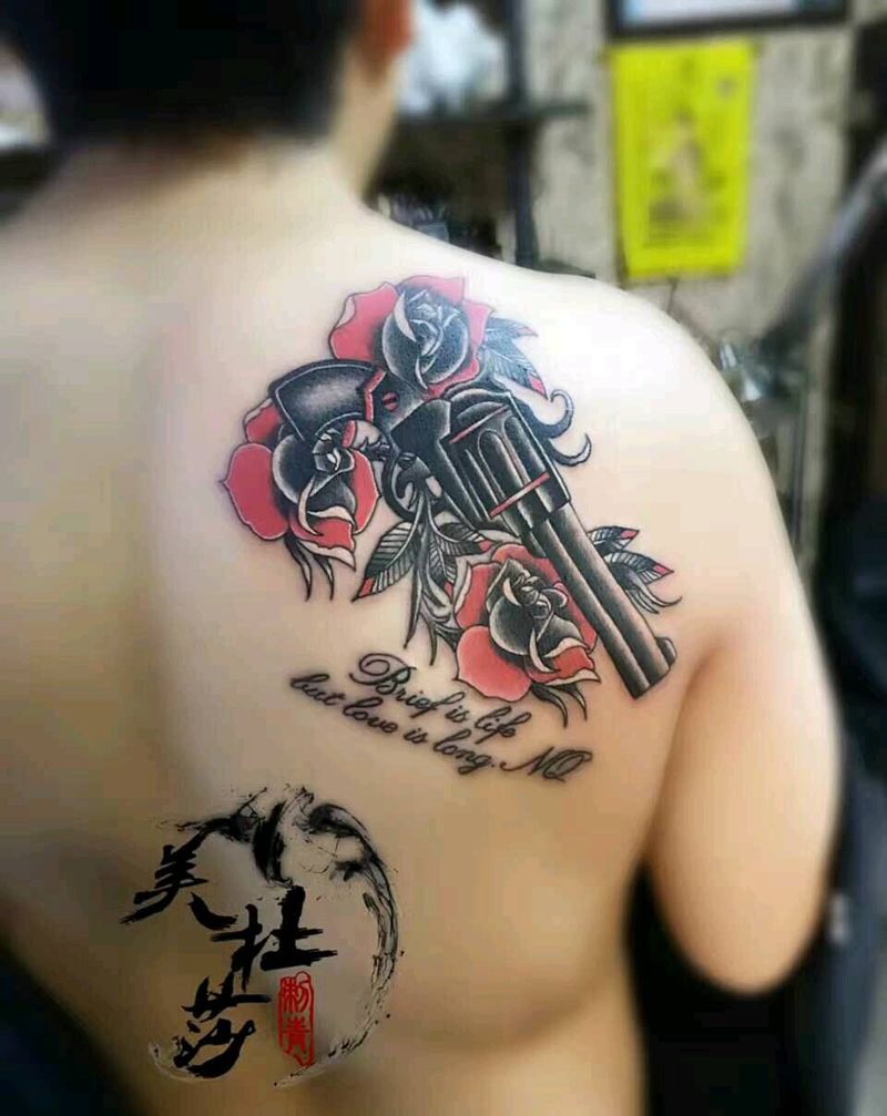 枪花纹身图片_背部欧美贴纸静物情侣生活成品纹身图案