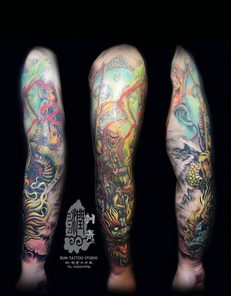 齐天大圣伤疤遮盖纹身图片_成品手臂传统人物植物动物宗教鬼神纹身图案