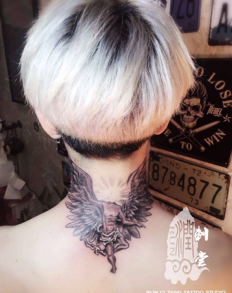 润刺青出品#炽天使#谢谢信任纹身图片_成品颈部欧美人物纹身图案