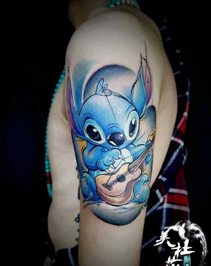 史迪奇纹身图片_手臂水彩纹身图案