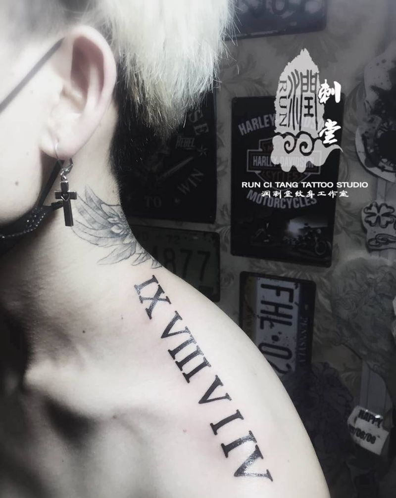 罗马数字纹身图片_成品颈部肩部欧美几何字符纹身图案