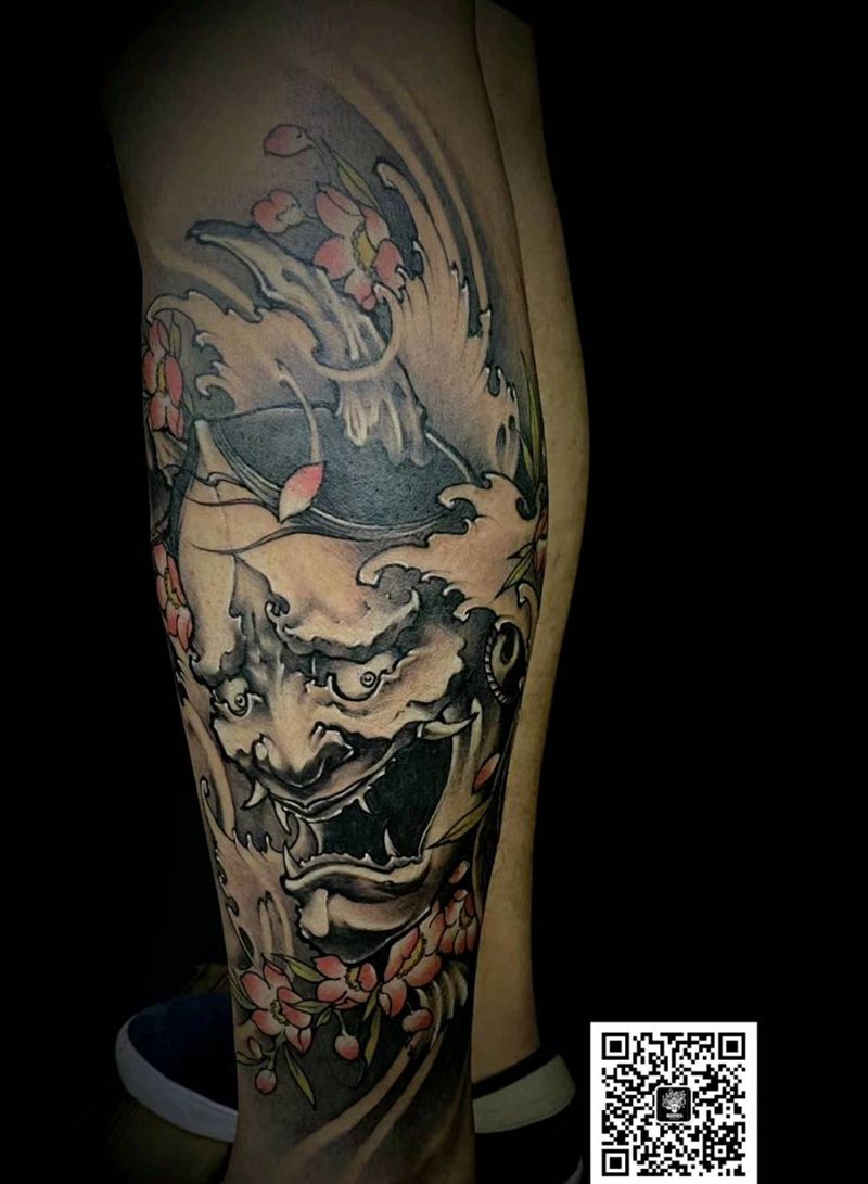 般若纹身图片_腿部新传统纹身图案