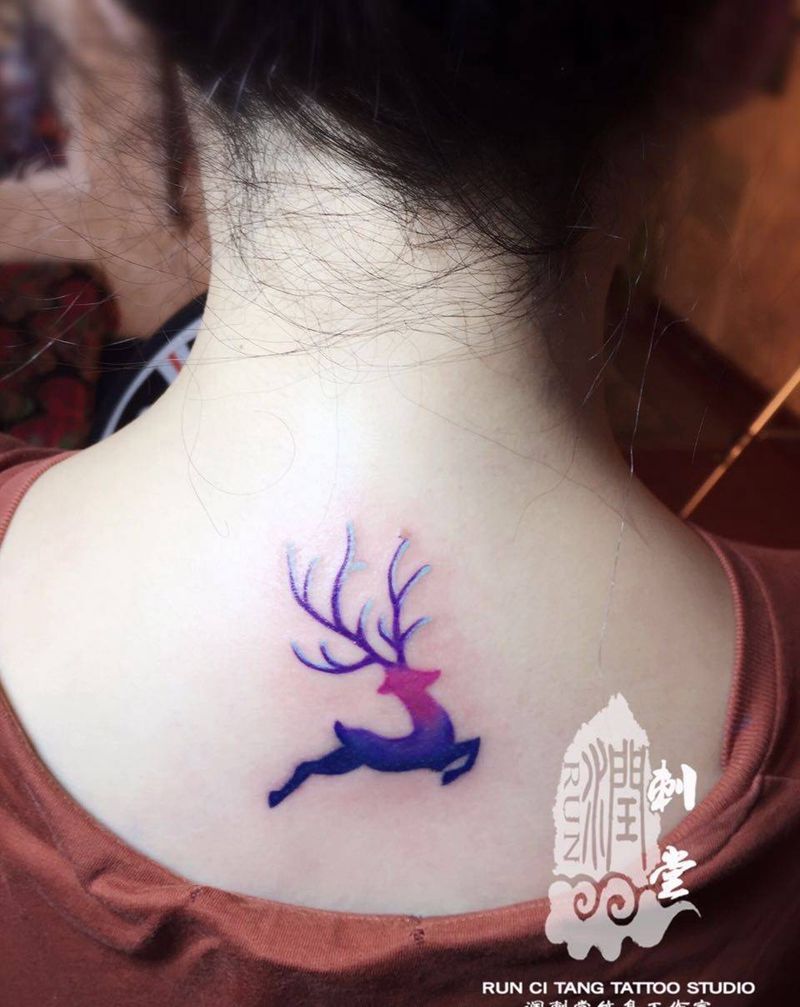 润刺青出品#小鹿#谢谢信任纹身图片_成品颈部清新动物纹身图案