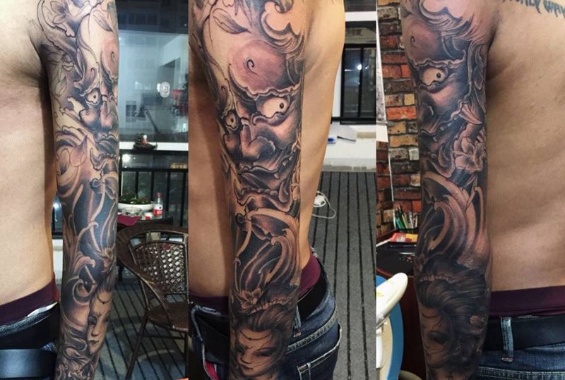 般若艺妓花臂纹身图片