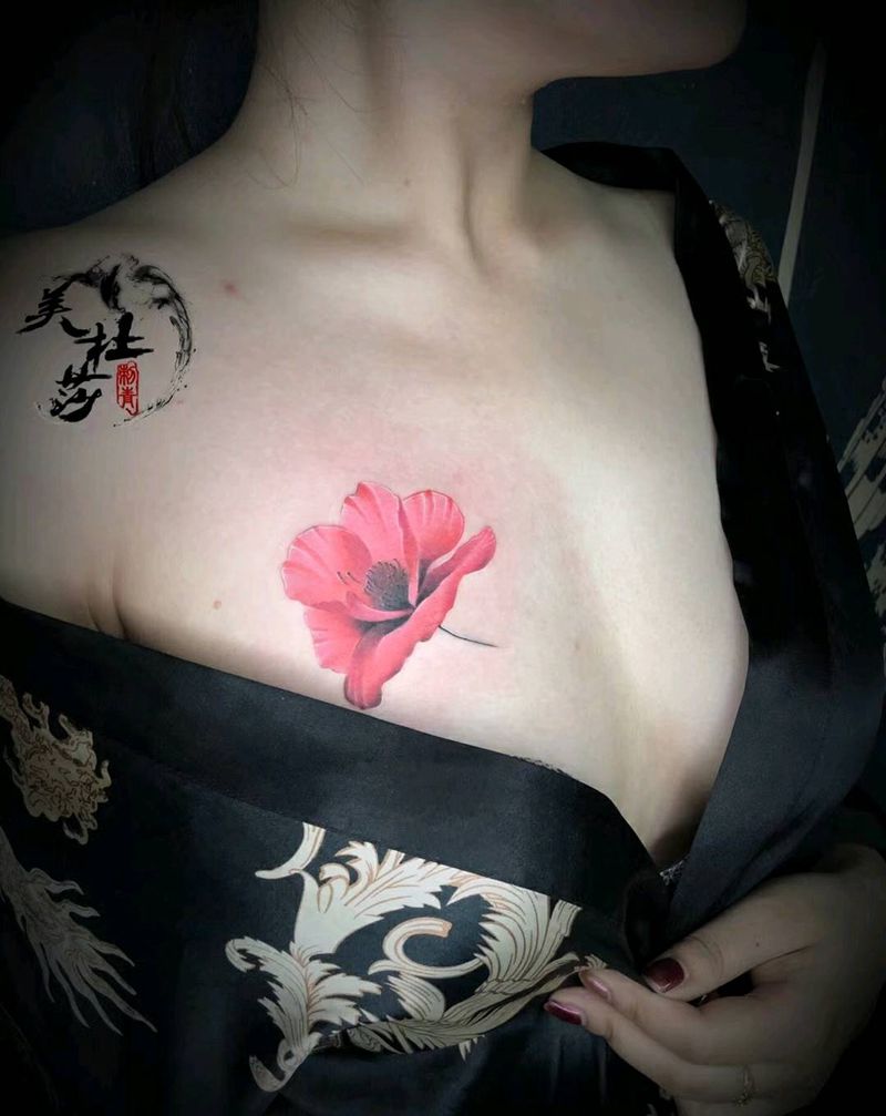 罂粟花纹身图片_胸部清新植物成品纹身图案