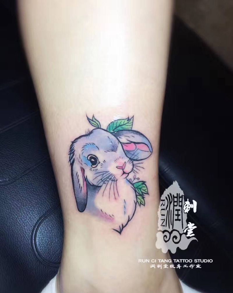 兔纹身图片_成品脚部腿部清新贴纸动物纹身图案