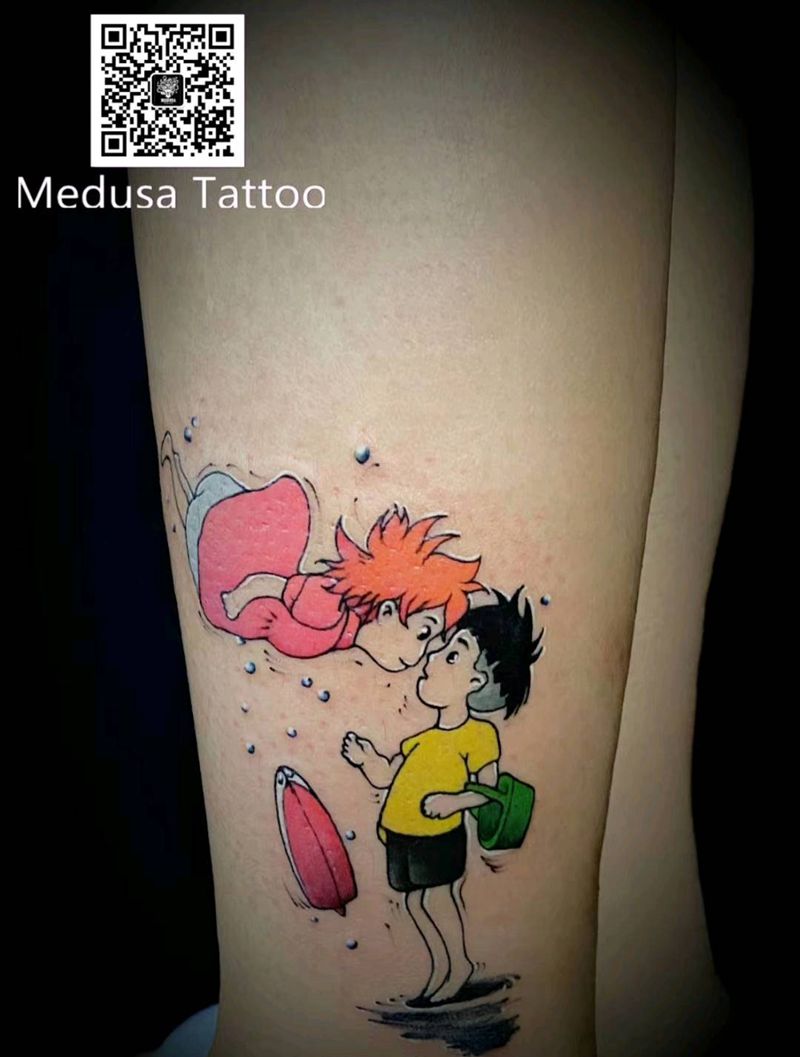 波妞宗介纹身图片_腿部New School纹身图案