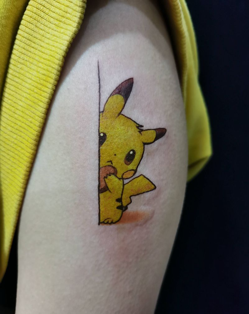 皮卡丘纹身图片_手臂水彩彩色纹身图案