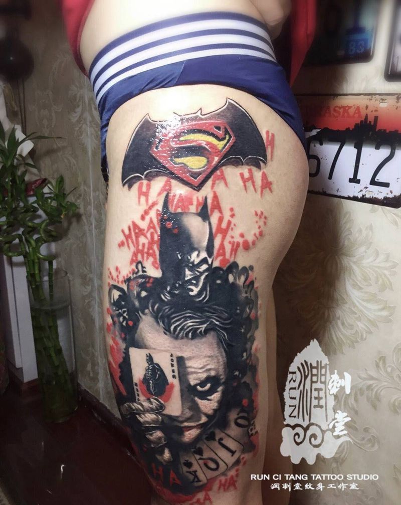 The Dark Knight纹身图片_成品腿部欧美肖像人物几何鬼神纹身图案