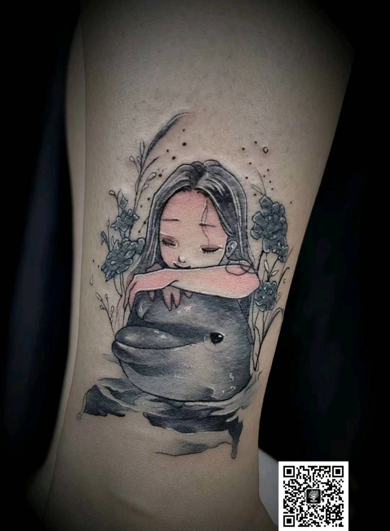 女孩纹身图片_腿部New School纹身图案