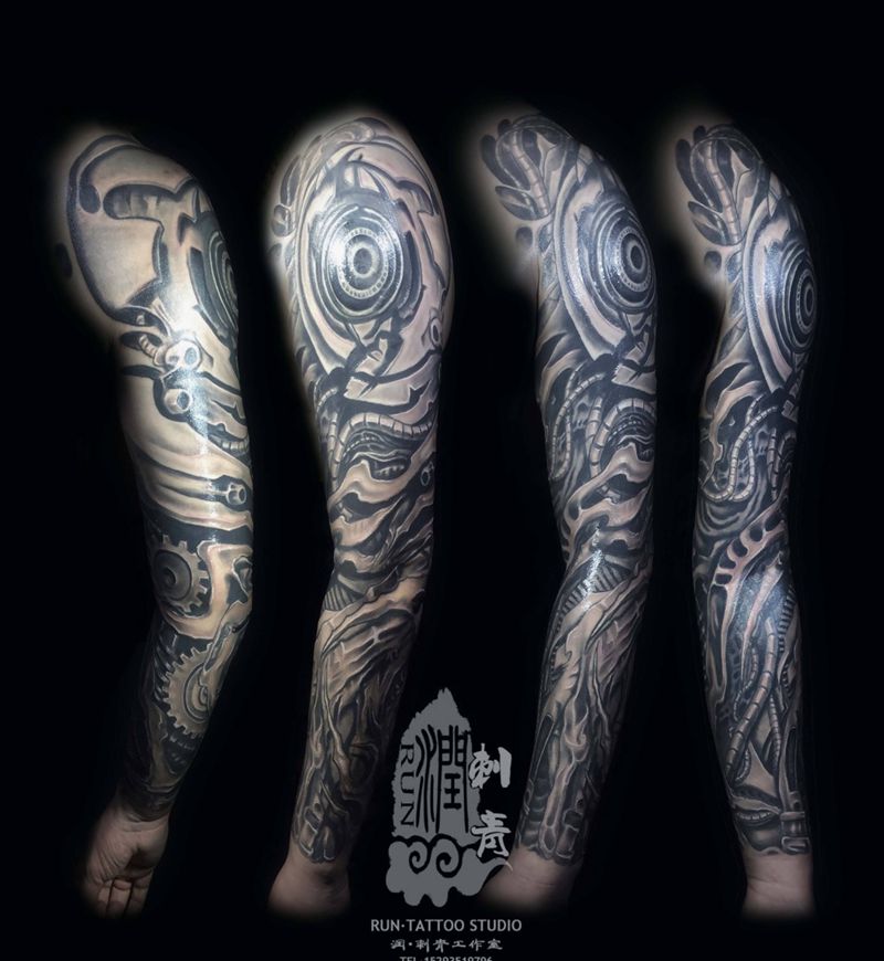 生化机械臂遮盖纹身图片_成品手臂欧美几何原创纹身图案