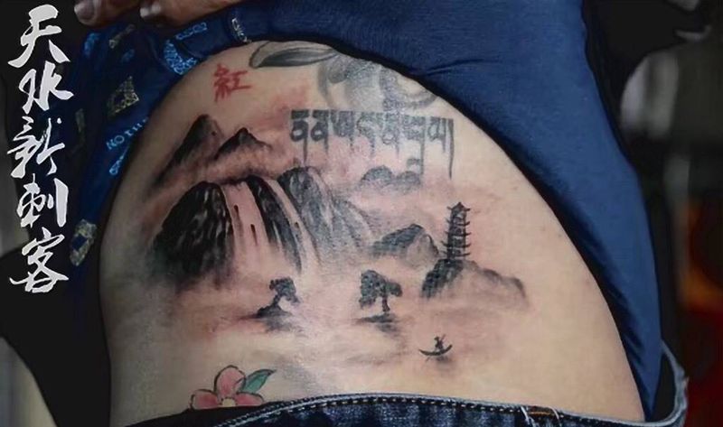 一副山水小图纹身图片
