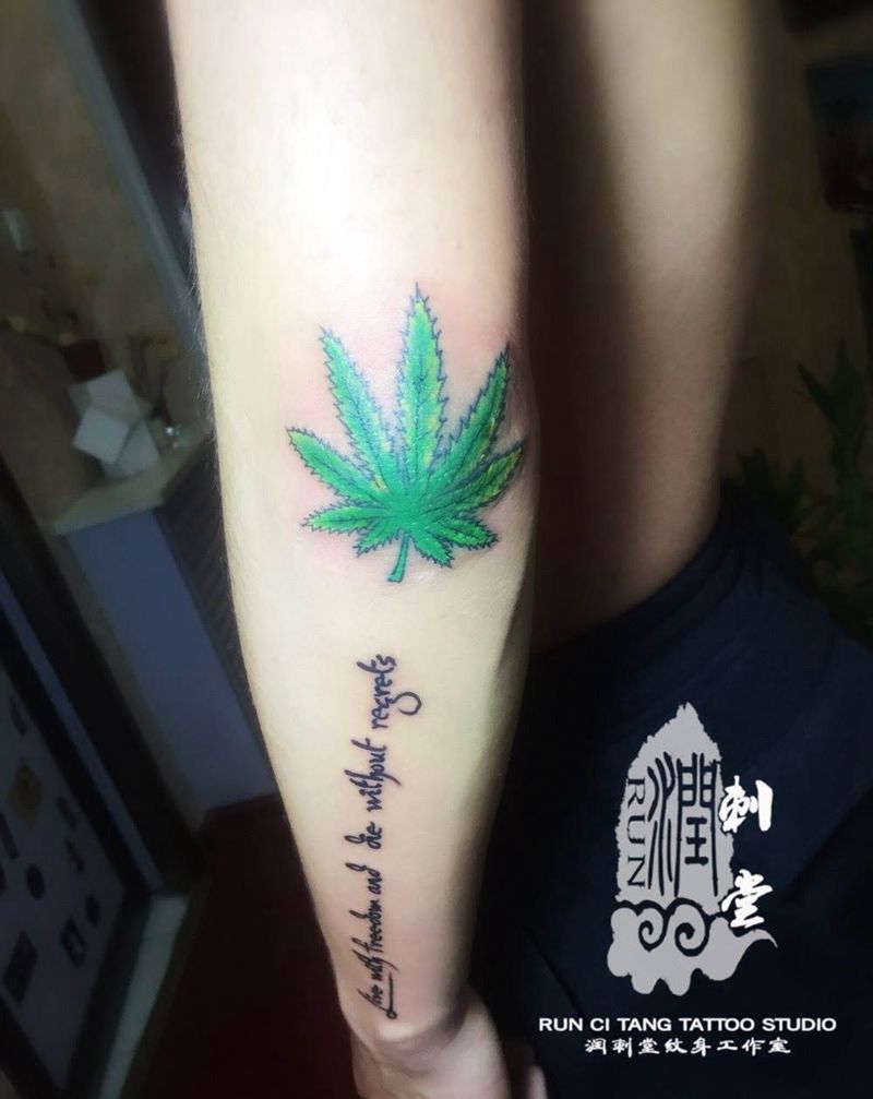 润刺青出品#麻叶与英文#纹身图片