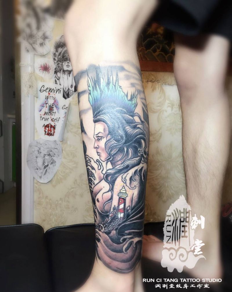 包小腿纹身图片_成品腿部欧美传统人物鬼神原创纹身图案