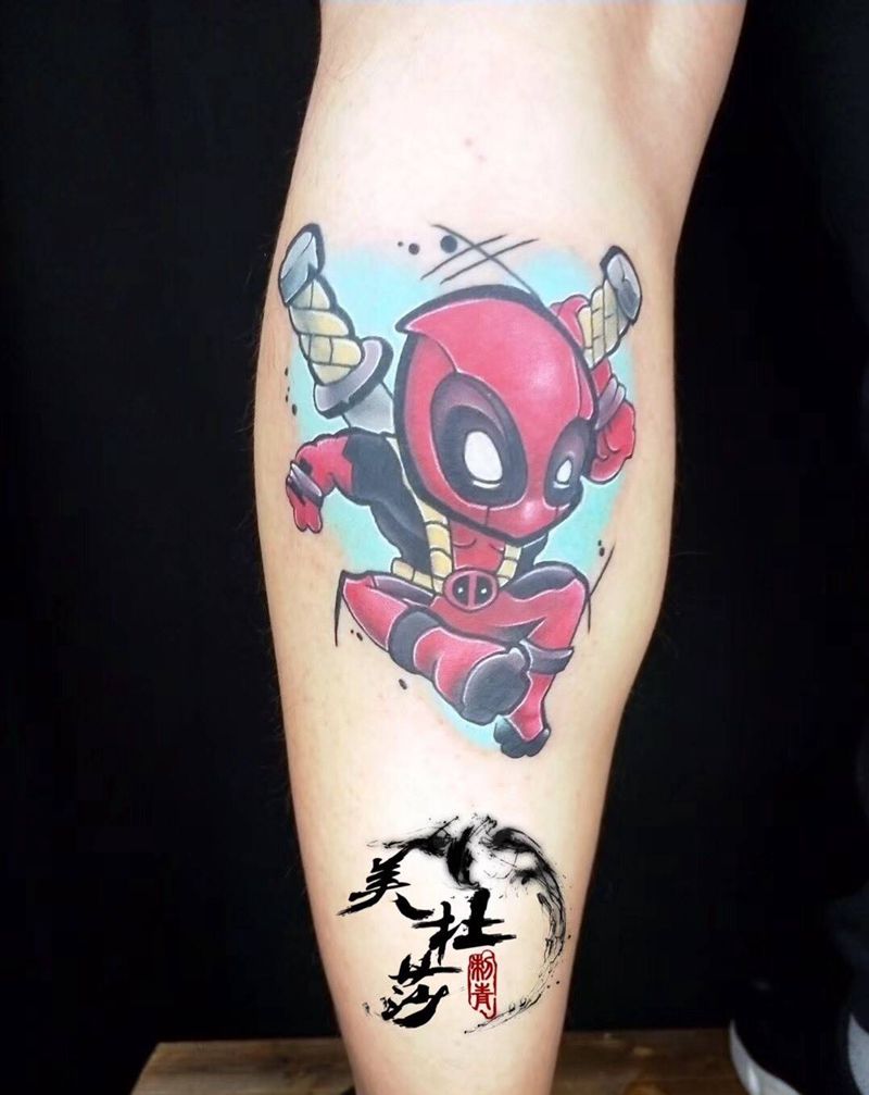 小死侍。纹身图片_成品腿部欧美人物纹身图案