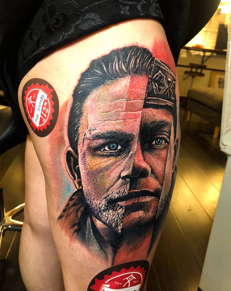 亚瑟王纹身图片_腿部臀部欧美写实亚瑟王战士纹身图案