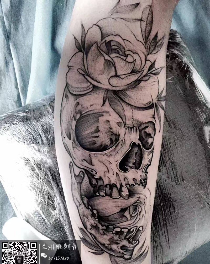 骷髅纹身图片_成品腿部欧美鬼神纹身图案