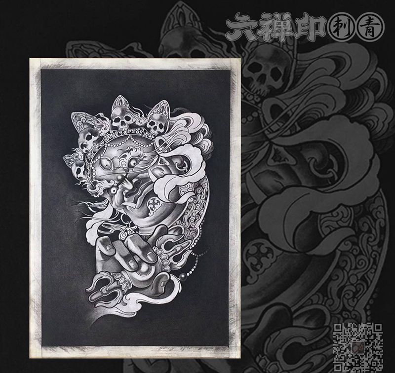 大黑天手稿纹身图片_背部老传统新传统纹身图案