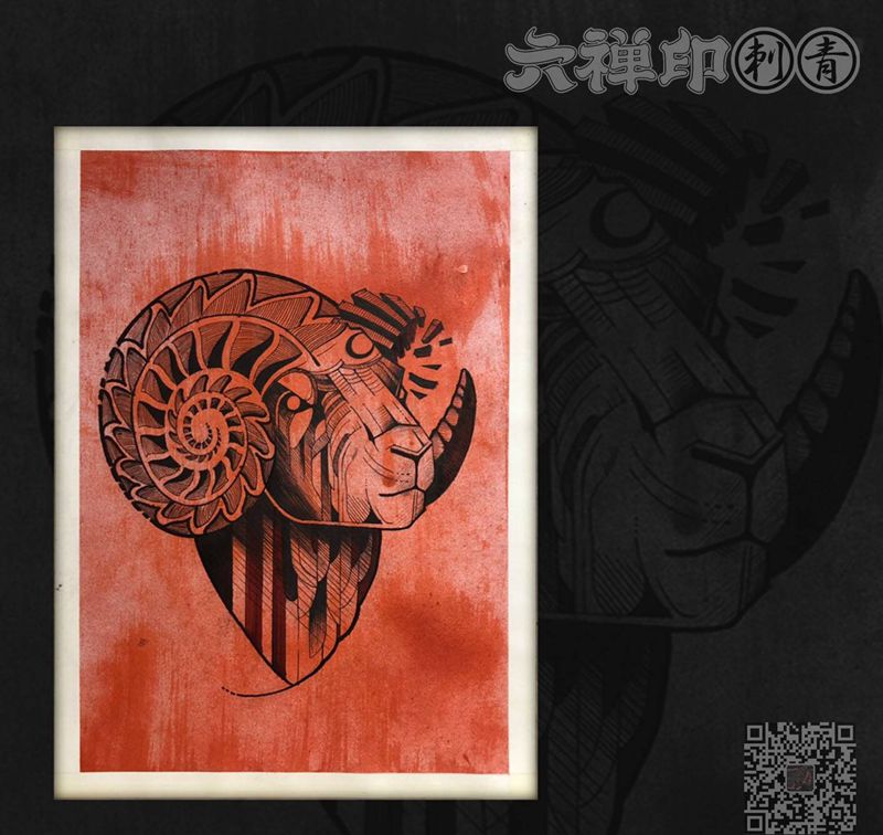 羊纹身图片_背部手臂几何欧美写实纹身图案