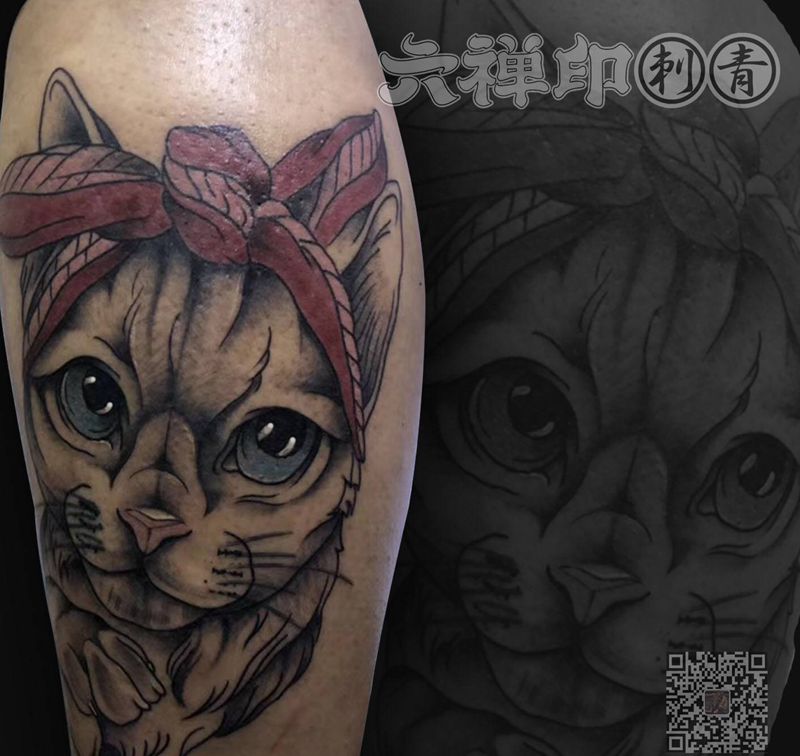 猫纹身图片_腿部欧美写实新传统纹身图案